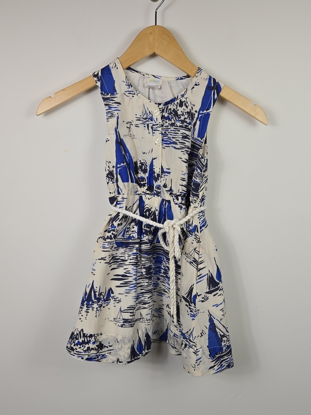 J.Crew Crewcuts Girls 4 Blue Sailboat Print Silk Cotton Belted Dress Nautical - Picture 2 of 6